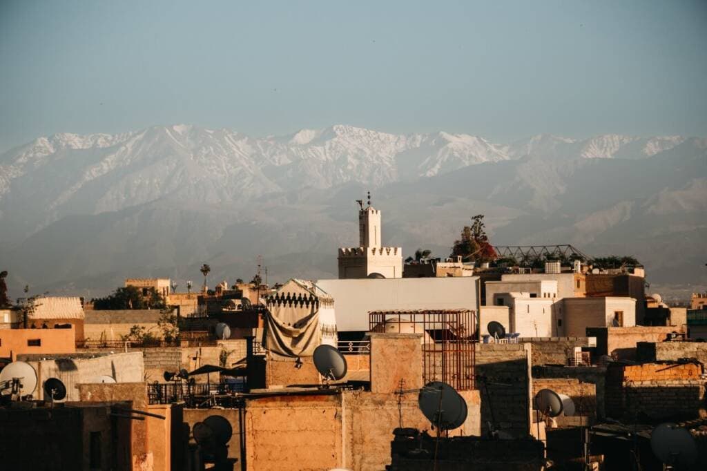 A city skyline sprawls out against distant snow-covered mountains. The white tower of a mosque stands out amid square brown buildings, satellite dishes, and palm trees.